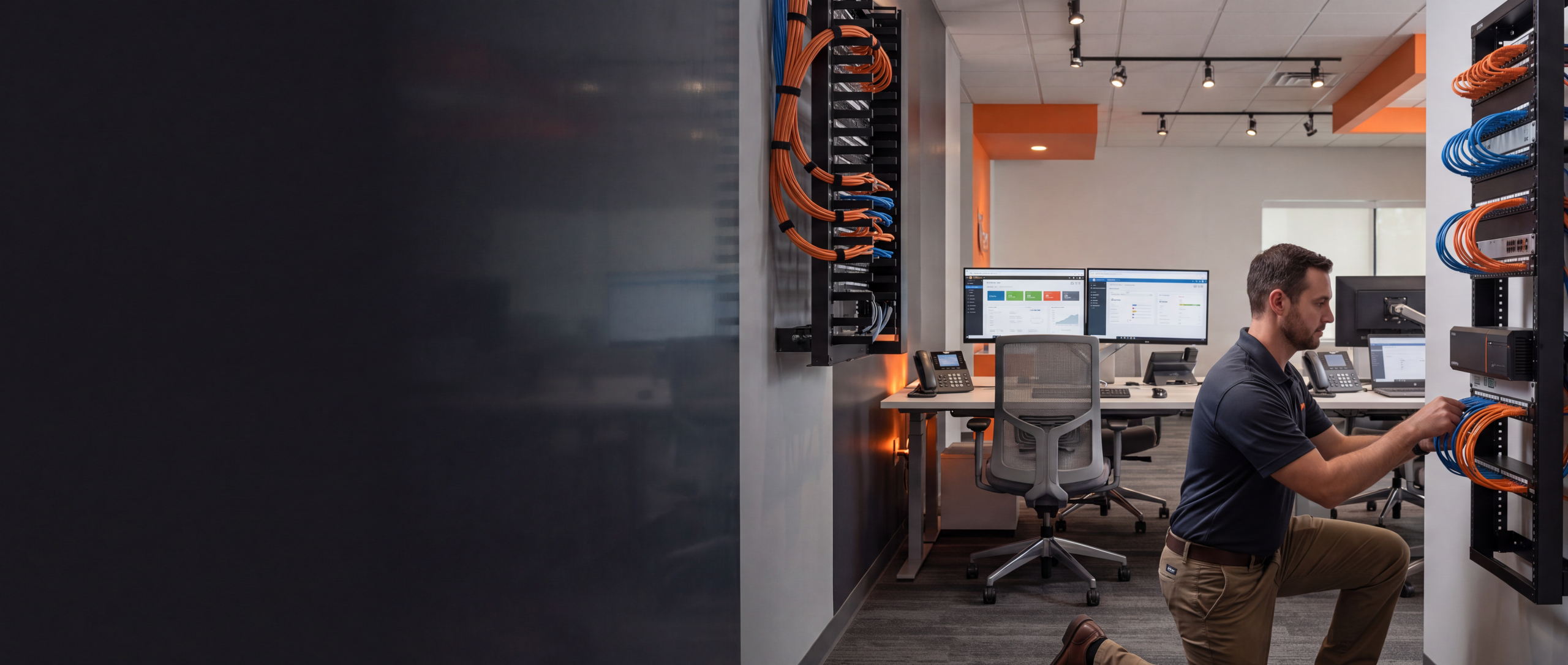 Mynians field engineer working on structured cabling and business network infrastructure