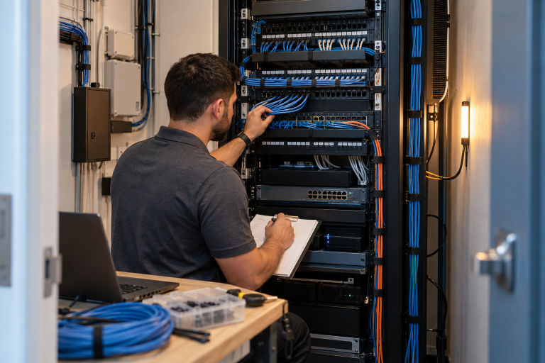Mynians technician organizing a network closet for a Central Florida office with more than 30 devices