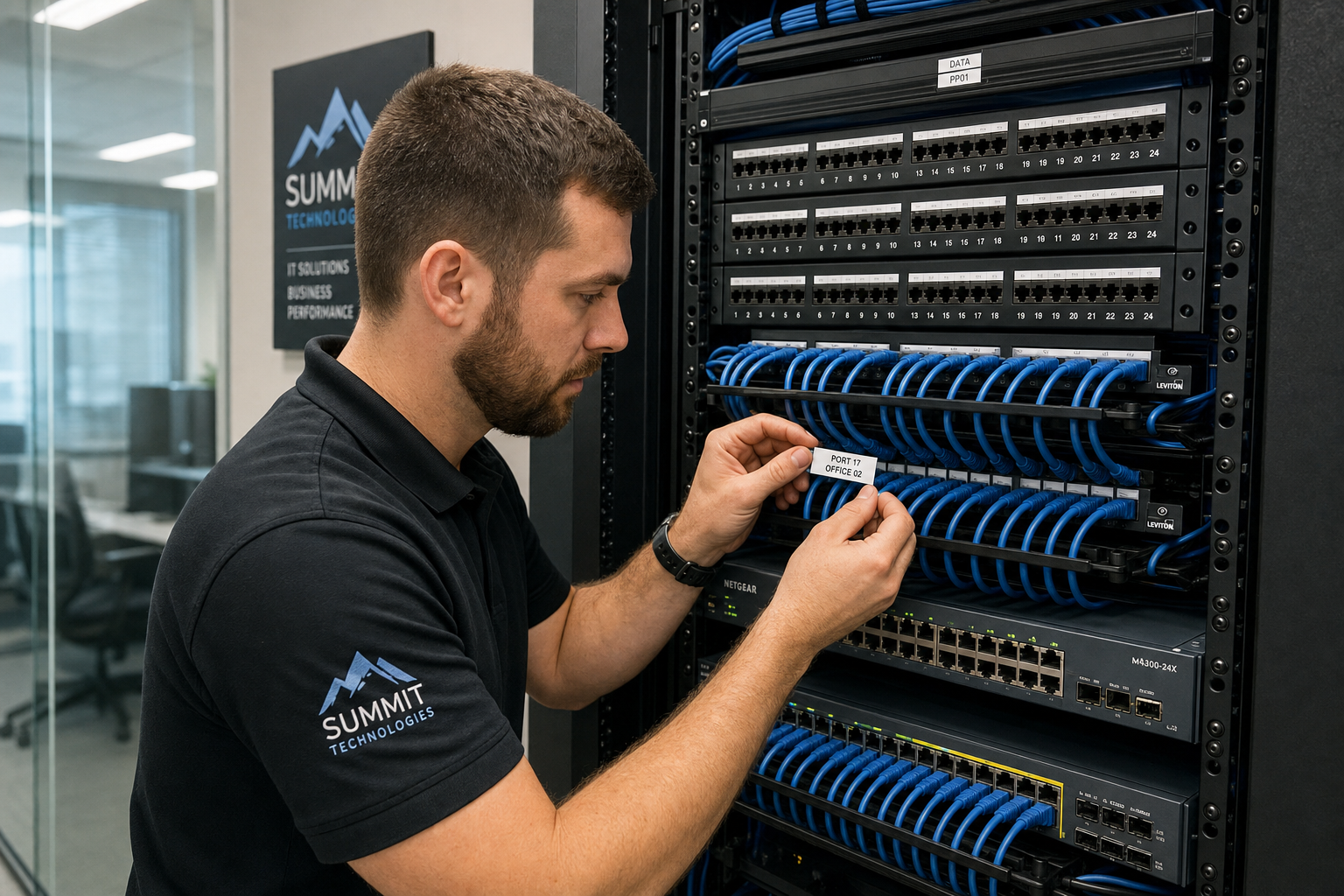 Technician organizing and labeling a business network closet