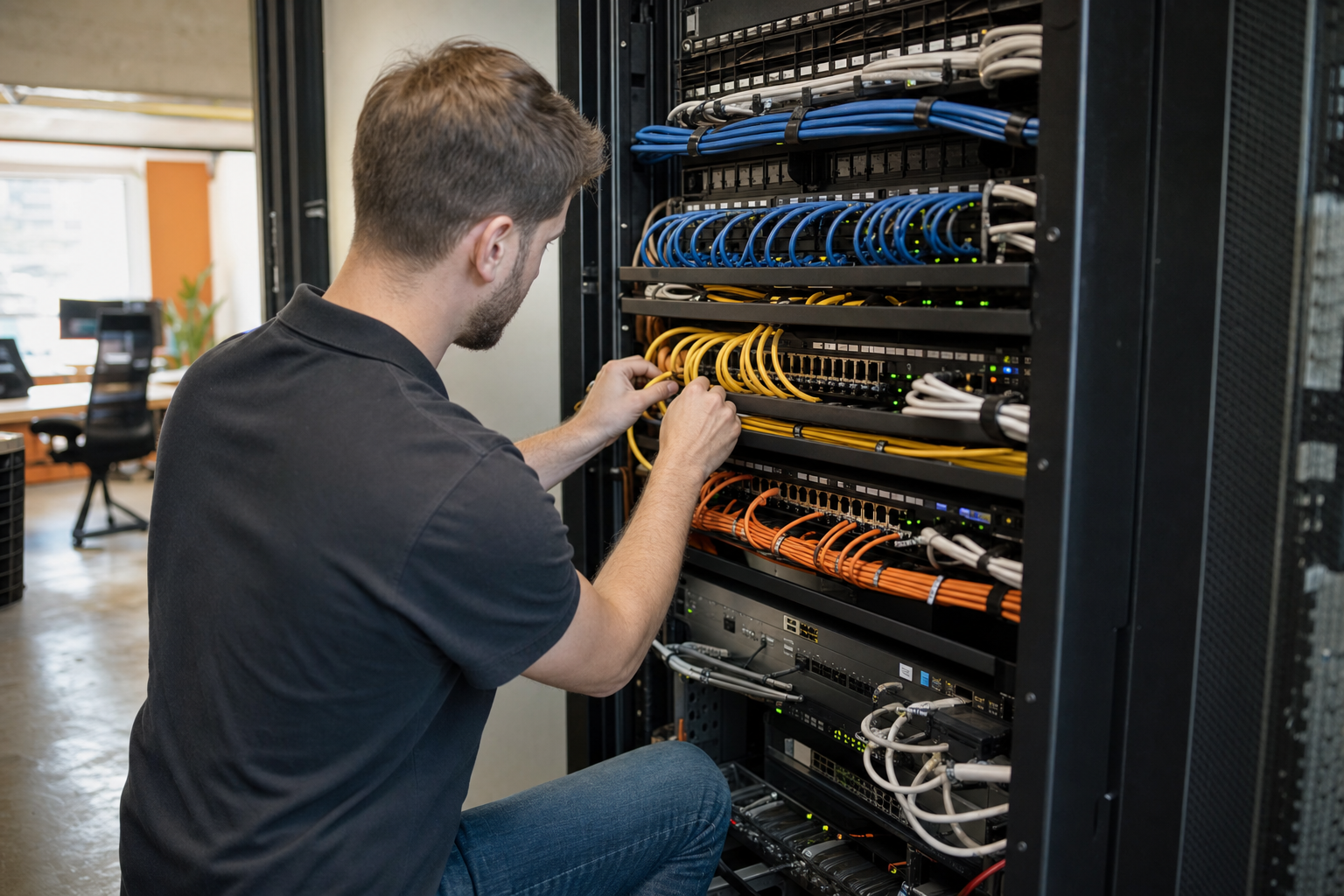 Technician inspecting structured cabling and network equipment in a server closet