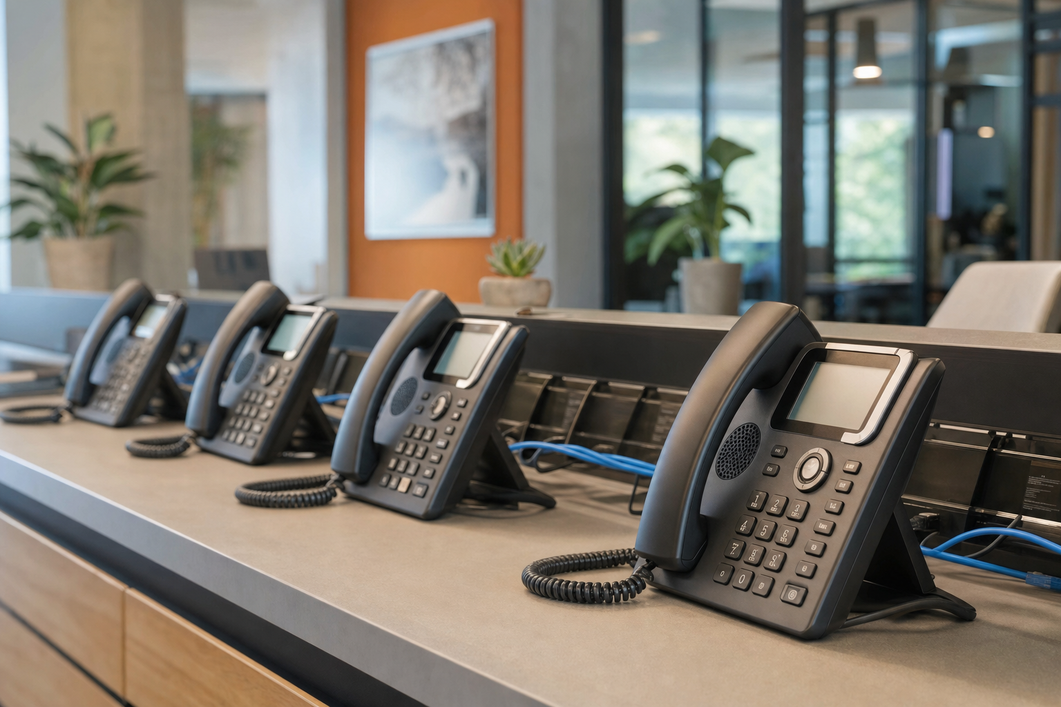 Business VoIP phones in a modern office reception area