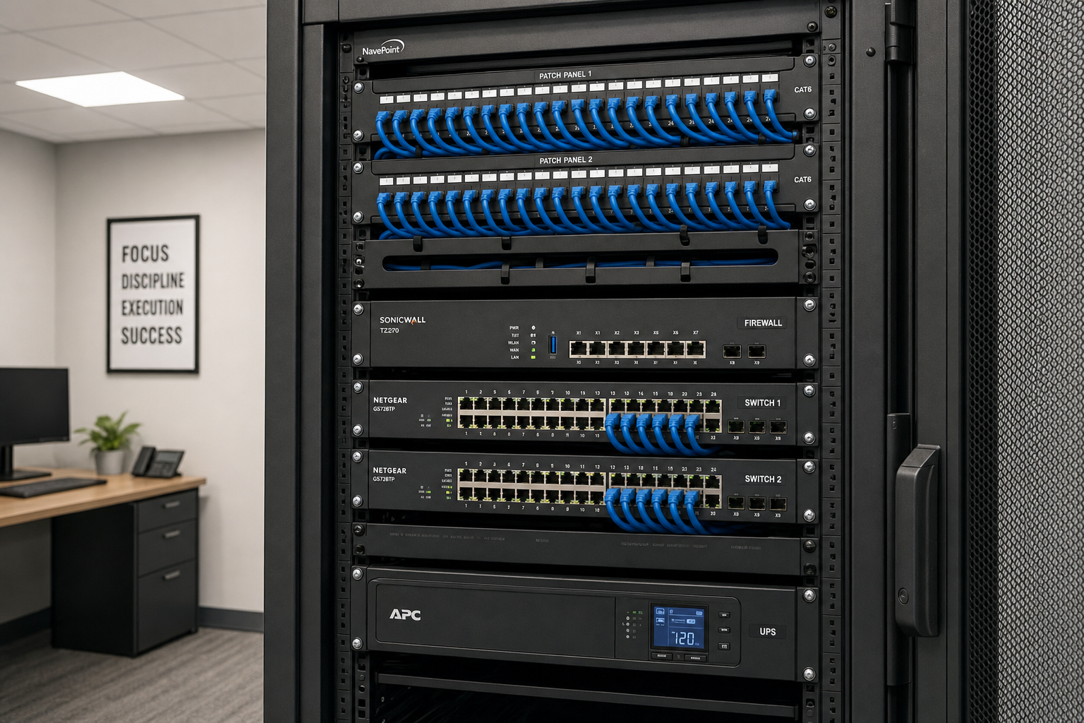 Organized rack with labeled patch panels, switches, firewall, and UPS
