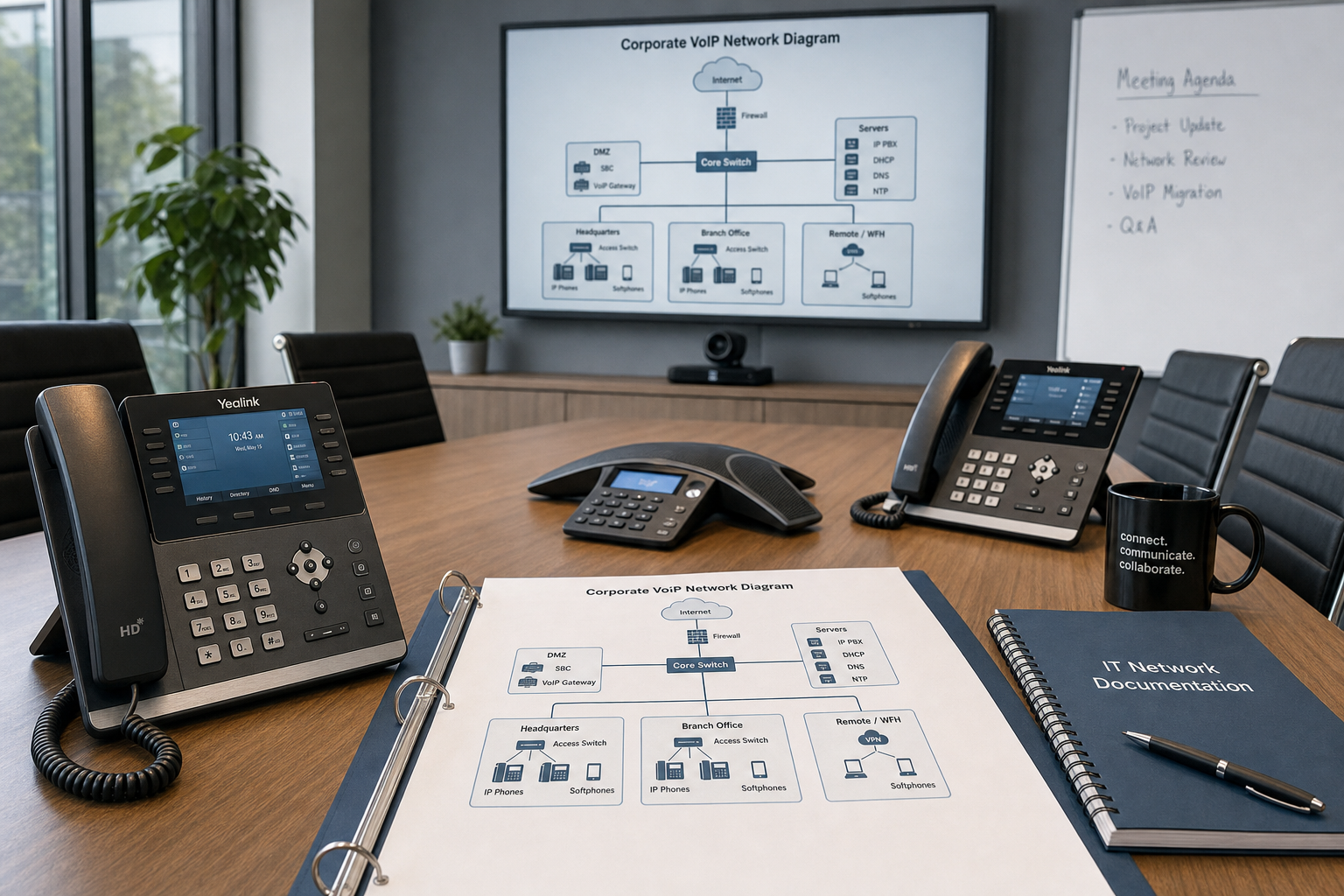 Business IT planning session with VoIP phones and network documentation