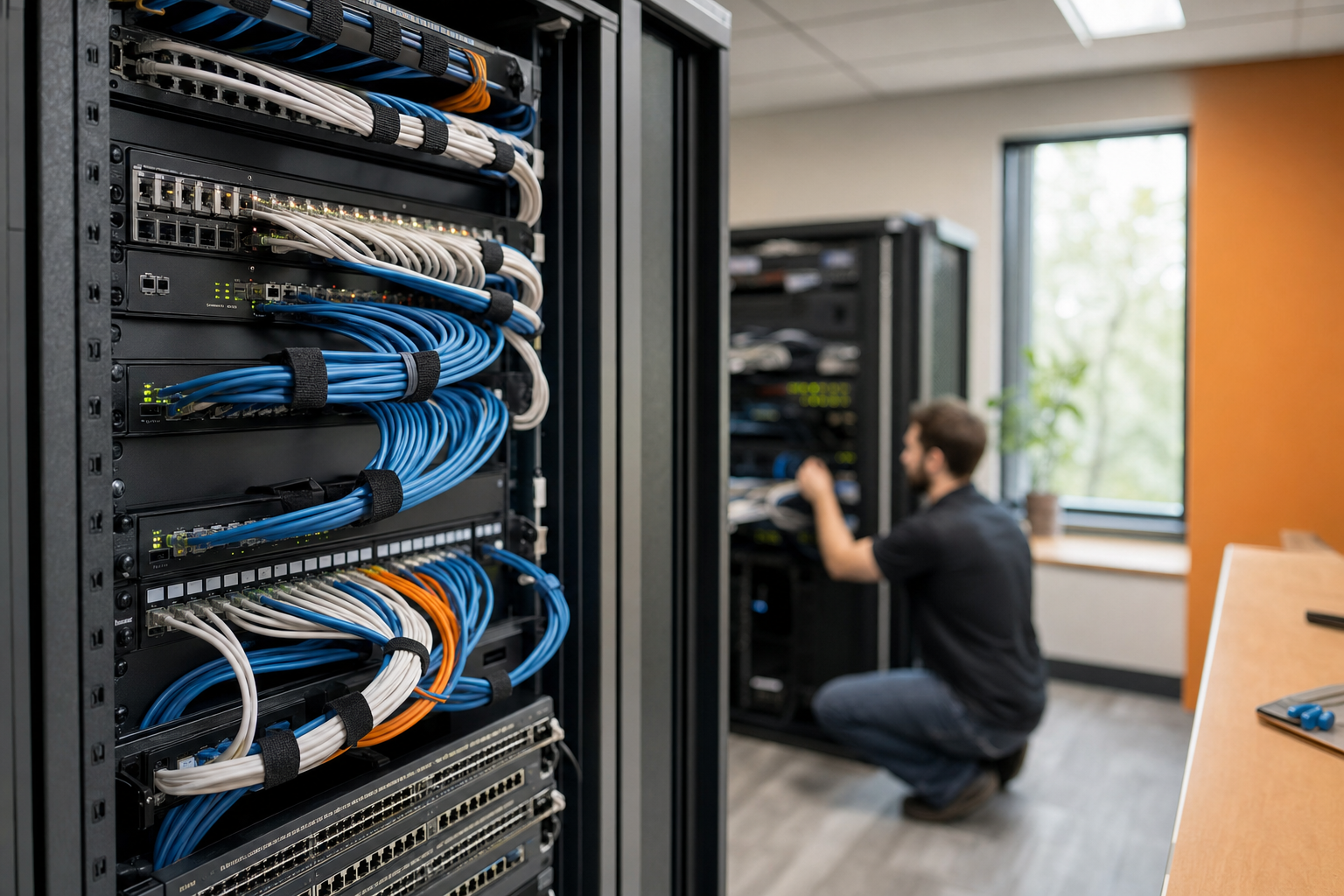 Clean network closet with organized patch panels and switches in a midsize office.