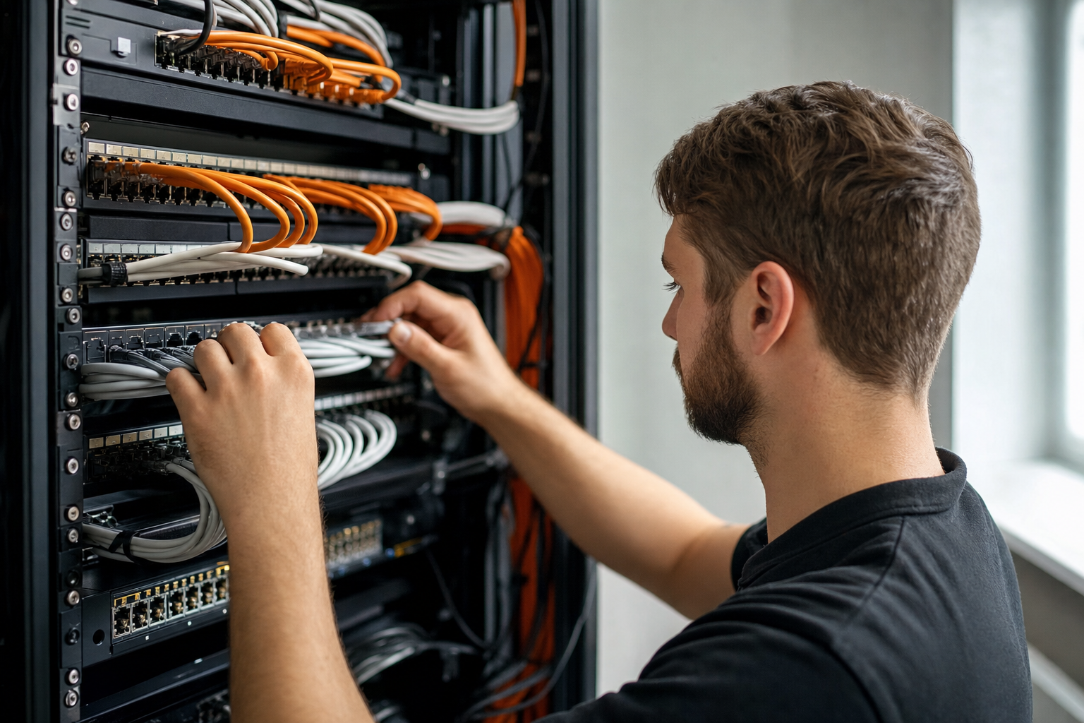 Technician cleaning up structured cabling and network hardware in an office closet