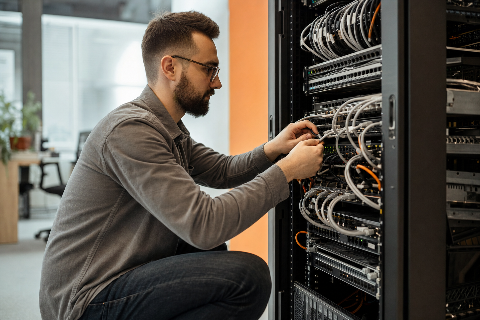 Organized office network rack and cabling in a business IT room