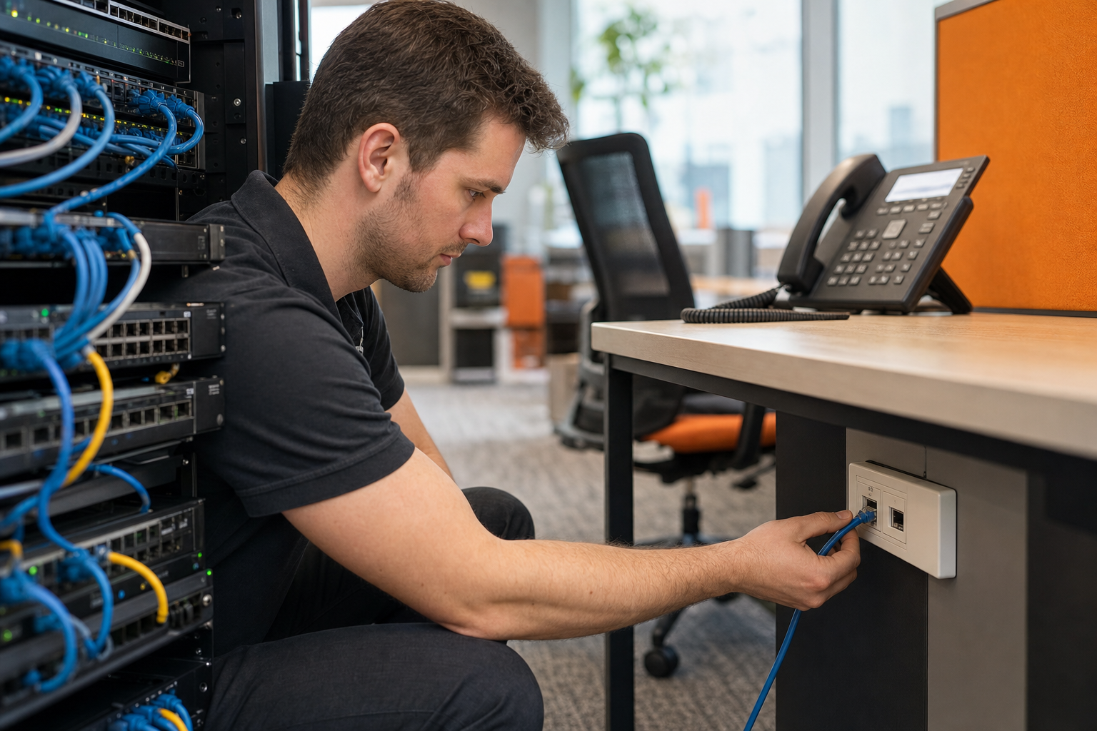 Technician checking structured cabling and desk phone connections in an office.