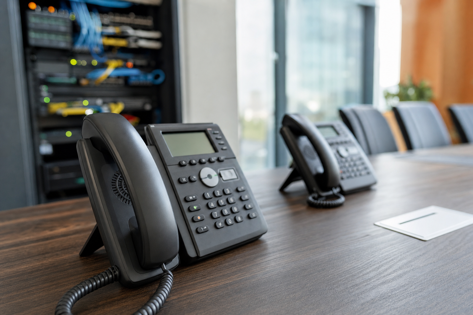 Business VoIP phones in a conference room with office network context