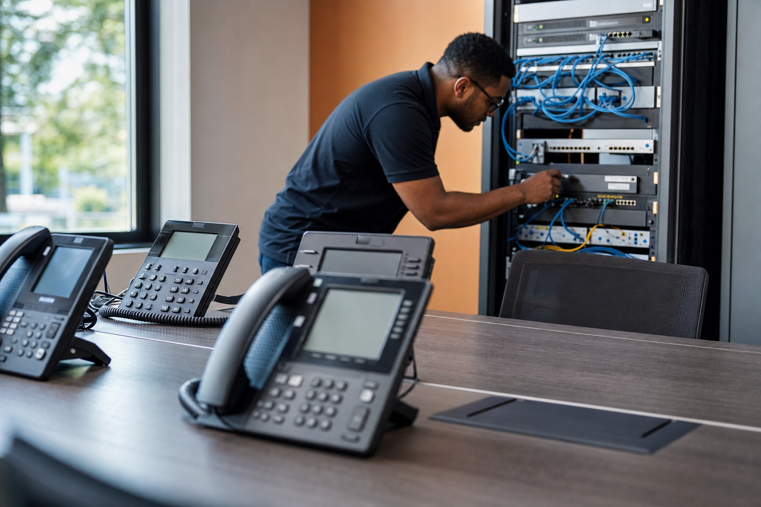 Conference room business technology setup with phones and network connectivity