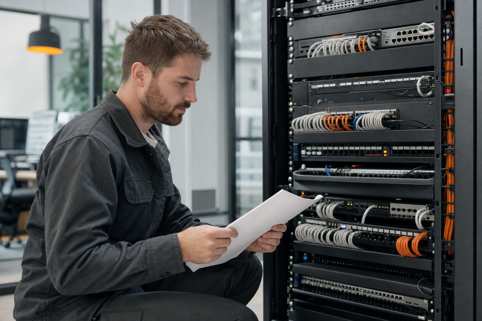 Technician reviewing IT documentation near structured cabling and switches