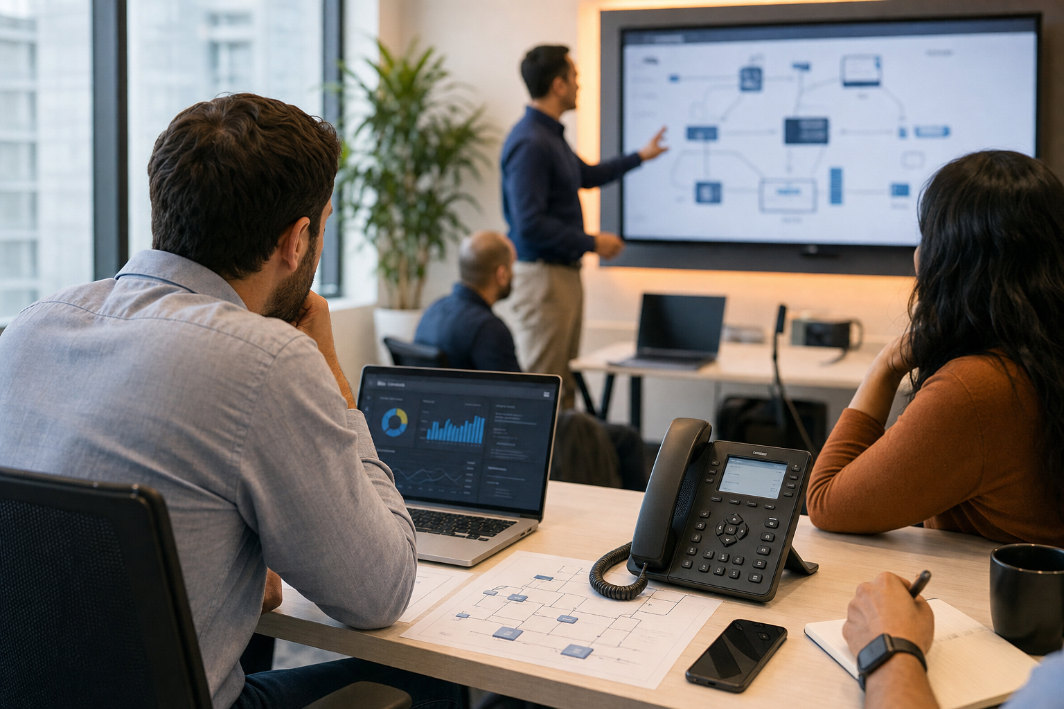 IT planning session for a business VoIP rollout in a modern office.