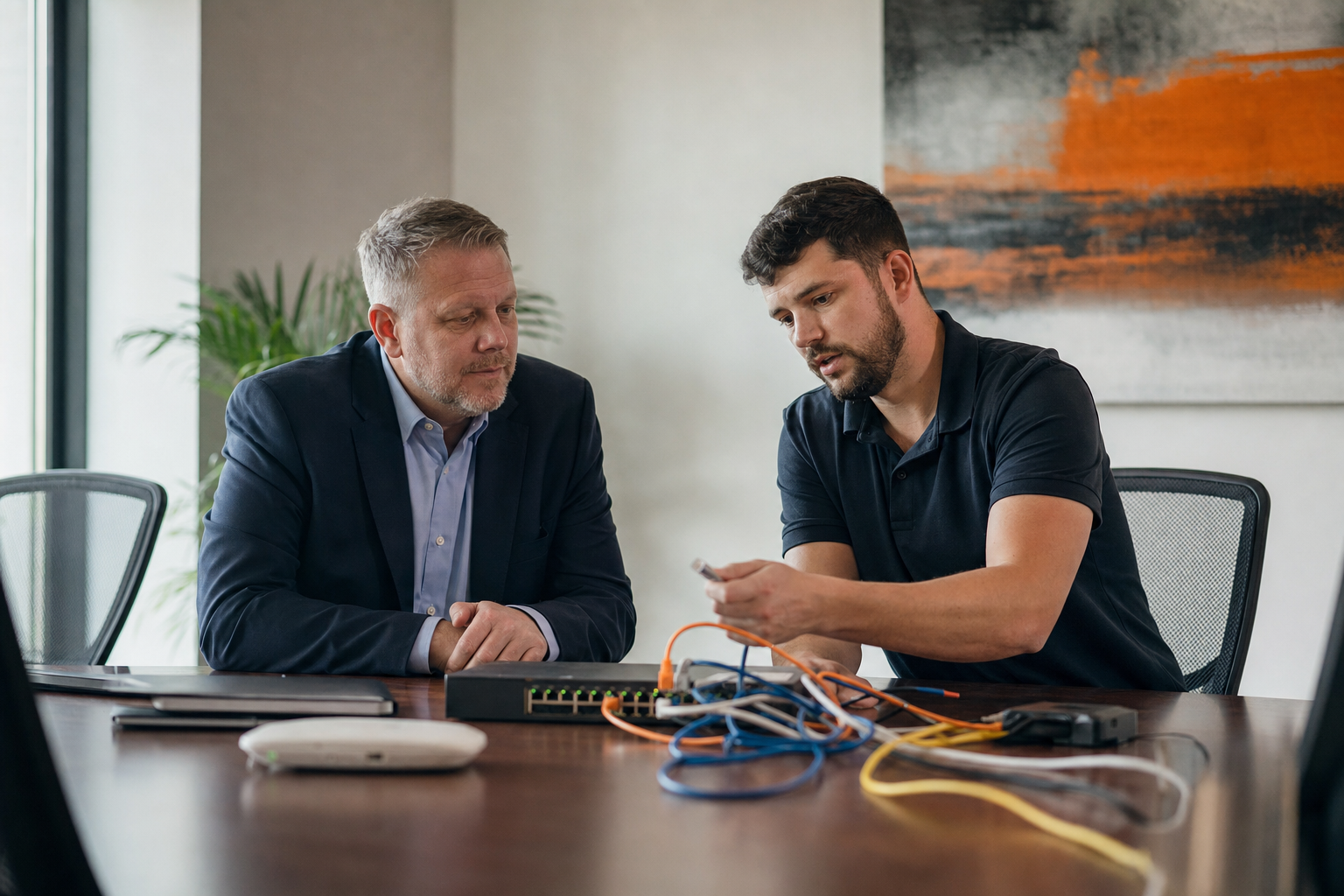 Business owner and technician reviewing an IT transition plan in an office