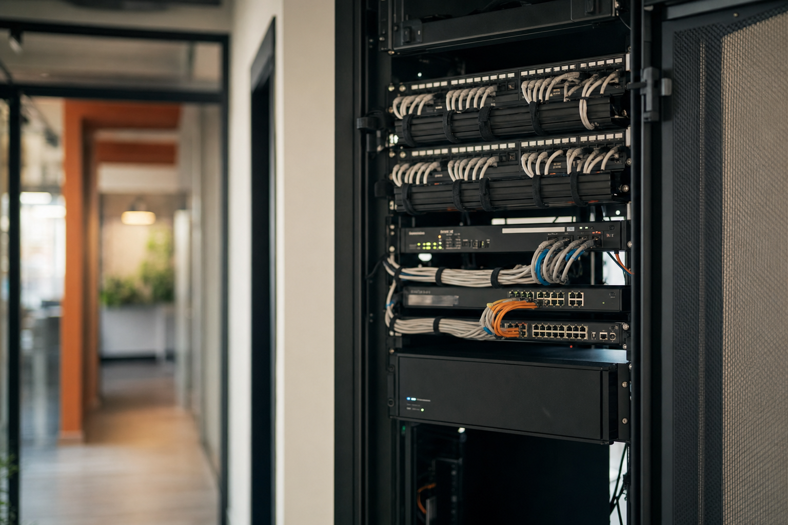 Clean office network closet with organized rack equipment and cabling