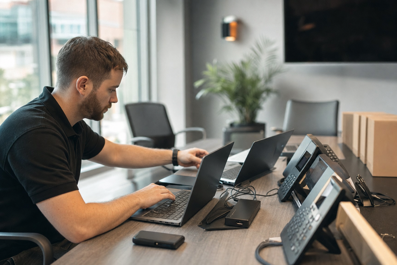 Technician standardizing business laptops and office devices