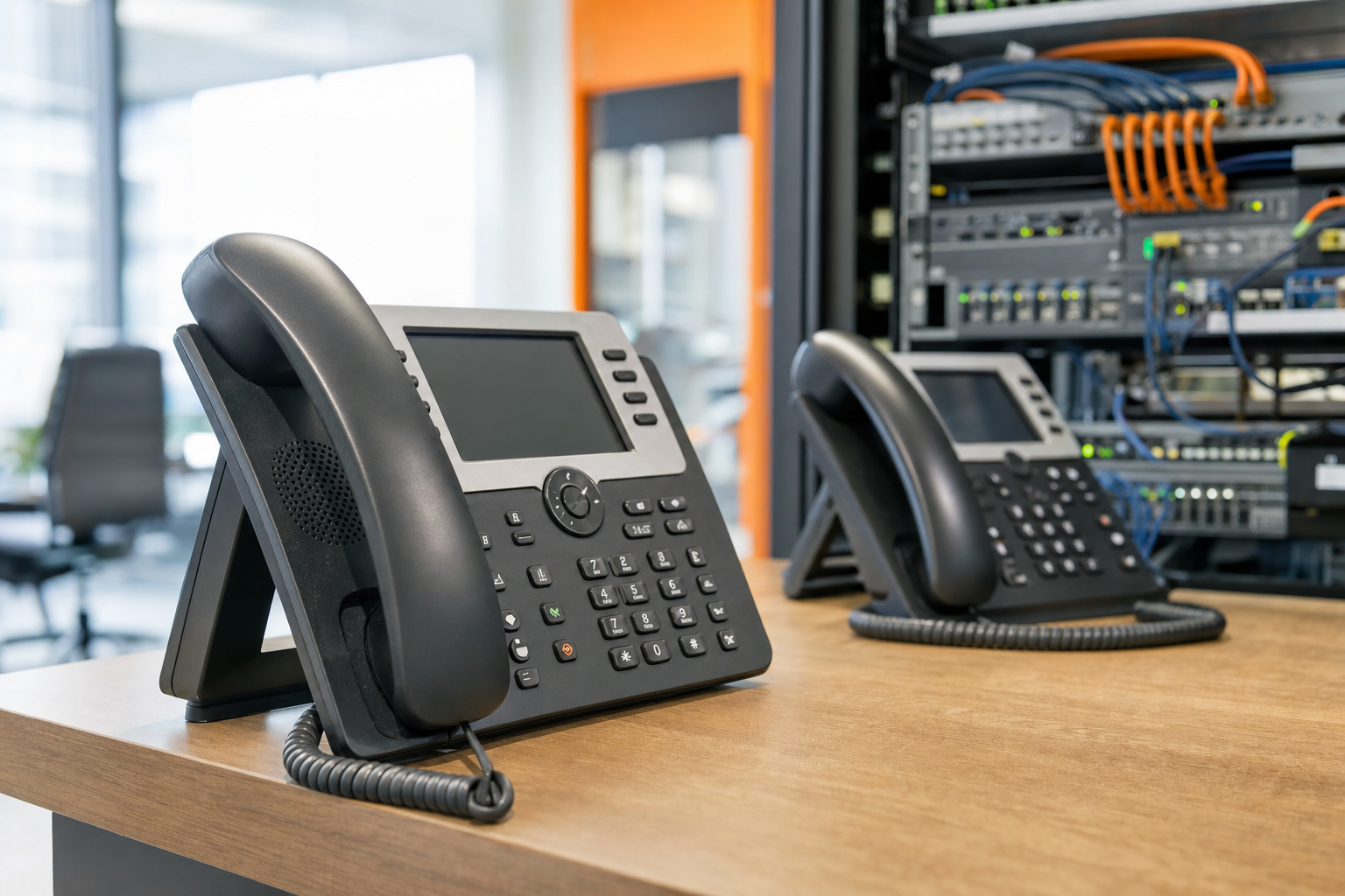 Business VoIP phones connected to a professionally managed office network