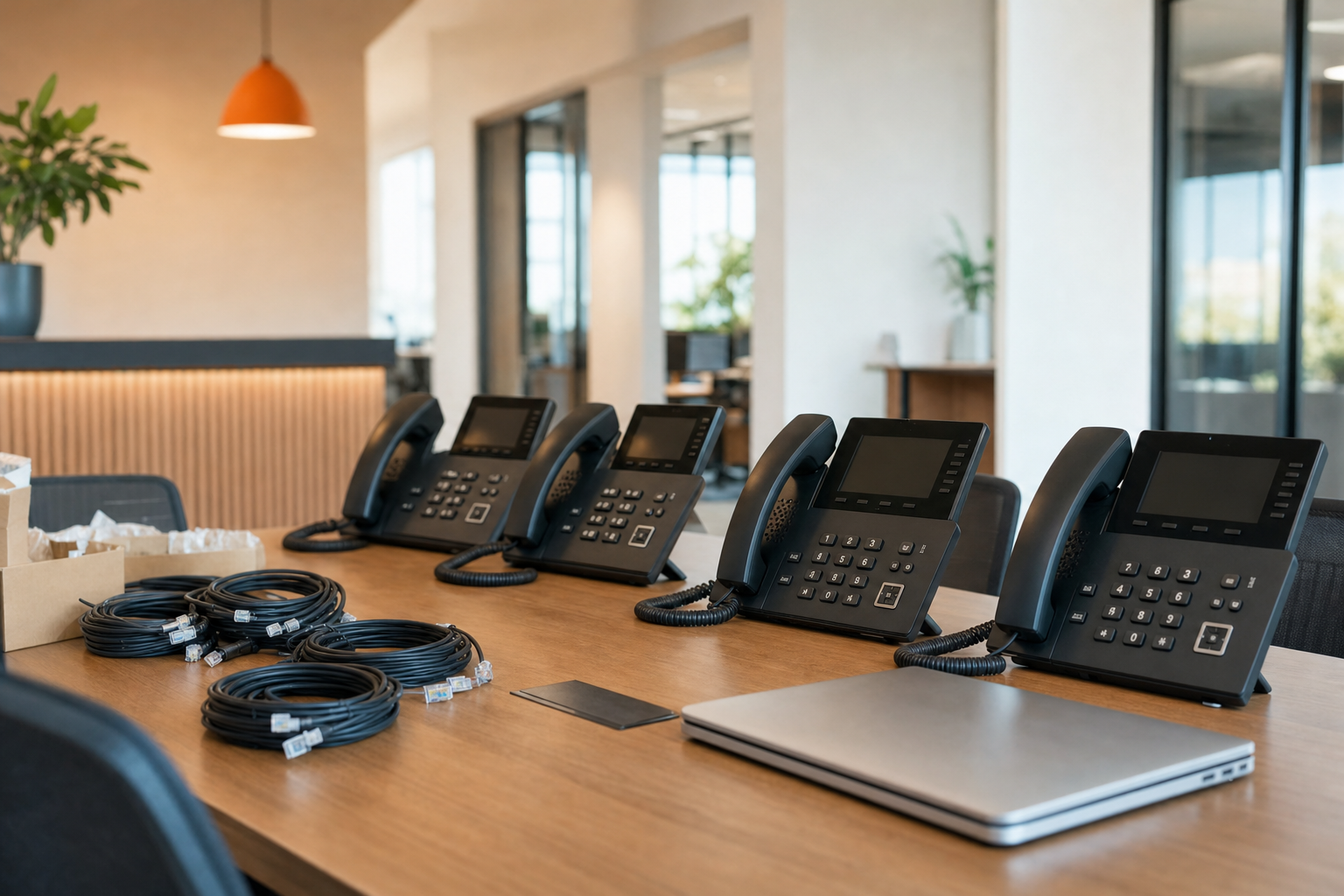 VoIP desk phones staged in a conference room before a business phone cutover.