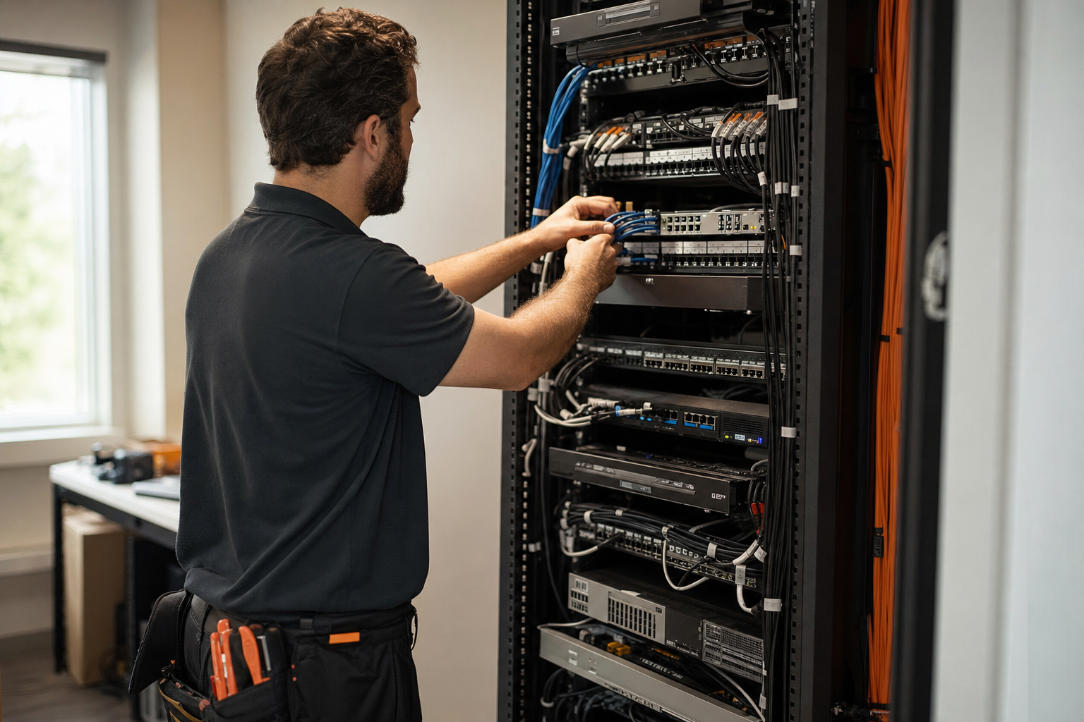Technician checking switches and patch panels in a clean network closet.