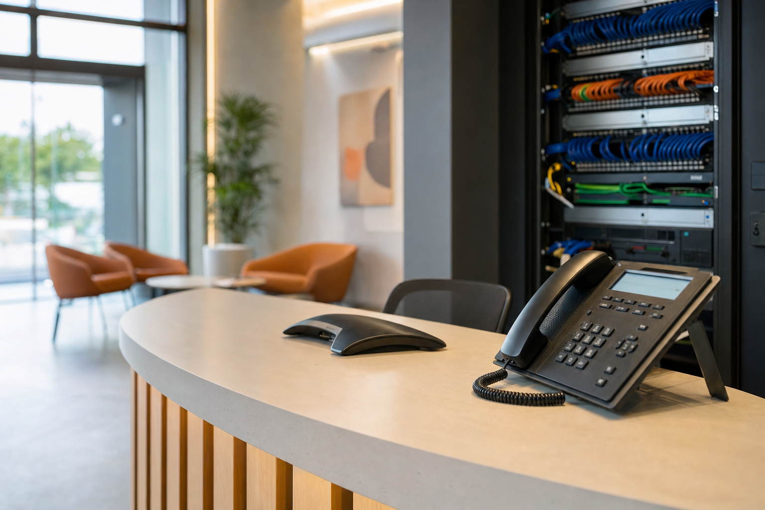Business reception and office phones prepared for a hosted PBX go-live day.