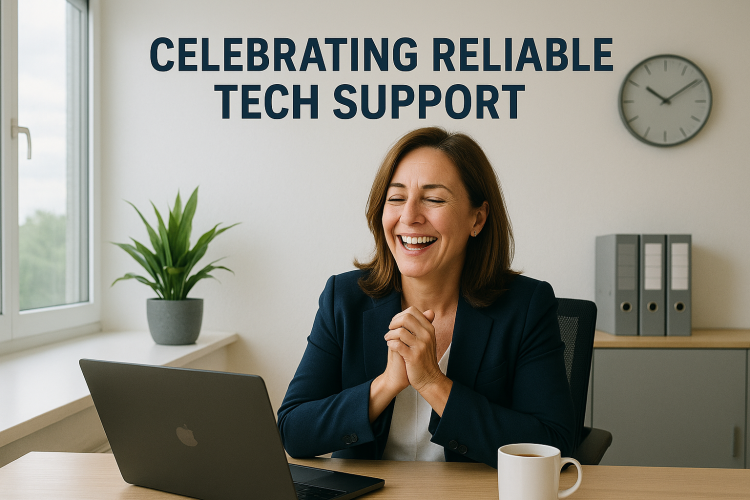 Client Celebrating Reliable Tech Support Smiling businesswoman in modern office enjoying successful IT assistance - Managed Service Provider